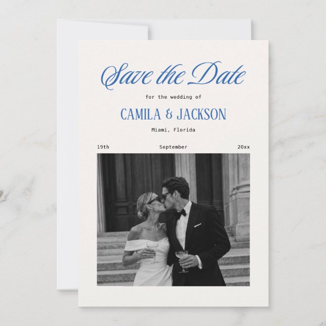 Convite de casamento em marfim e azul naval para s (Frente)