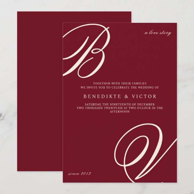 Convite de Casamento em Marfim e Borgonha com Mono (Frente/Verso)
