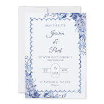 Convite de Casamento em Moldura Floral Azul Elegan