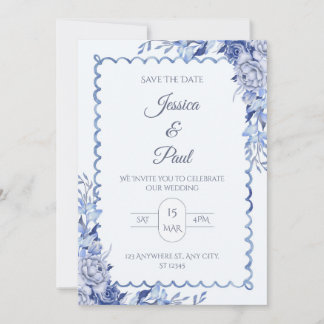 Convite de Casamento em Moldura Floral Azul Elegan