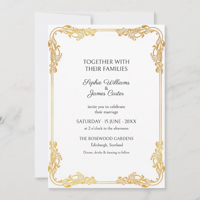 Convite de Casamento em Moldura Rococó de Ouro Bra (Frente)