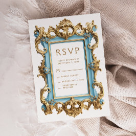 Convite de Casamento em Moldura Vintage Rococó Azu