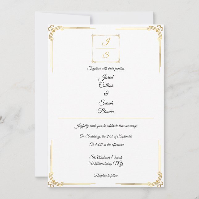 Convite de Casamento em Ouro Formal Atemporal Eleg (Frente)