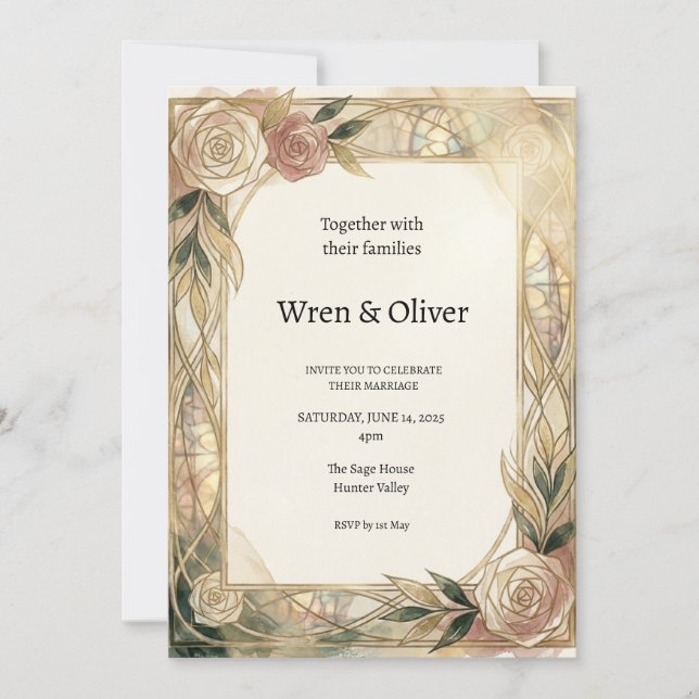 Convite de Casamento em Ouro Rosa Branca Art Nouve (Frente)
