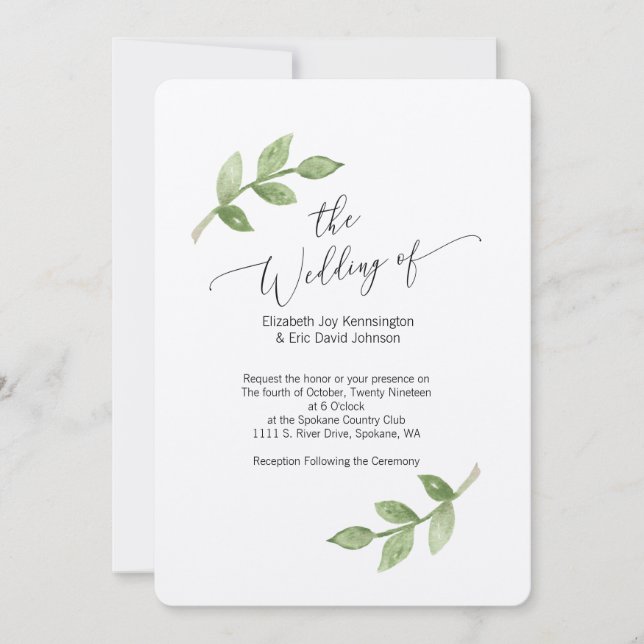 Convite de casamento em papel Kraft com folha (Frente)