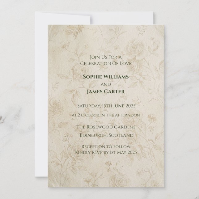 Convite de Casamento em Pergaminho Rosa Vintage (Frente)