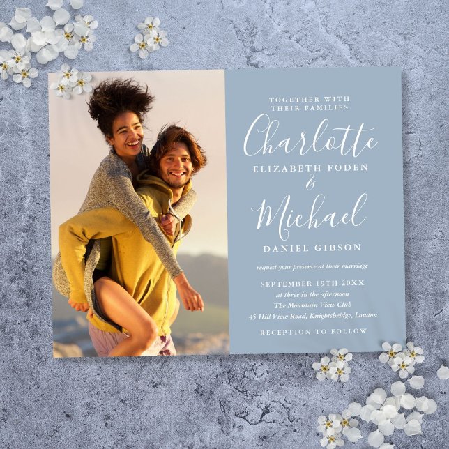 Convite de casamento em pó azul orçamento script f (Budget Script Photo Wedding Dusty Blue Invitation)