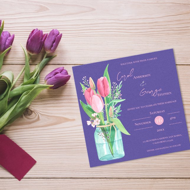 Convite de Casamento em Pote de Mason Floral Rosa  (Blush & Purple Floral Mason Jar Wedding Invitation)