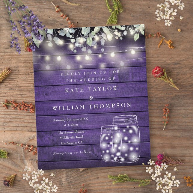Convite de Casamento em Pote de Pedra com Luzes de (Budget Purple Wood Lights Mason Jar Wedding Invite)