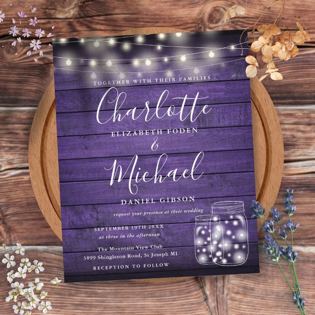 Convite de Casamento em Potes de Pedreiro de Madei (Budget Purple Wood Mason Jars Wedding Invitation)