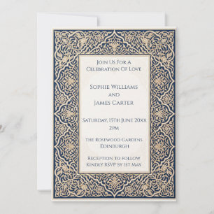Convite de Casamento em Renda Árabe Dourada Azul N