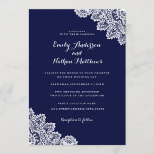 Convite de Casamento em Renda Azul Navy Elegante