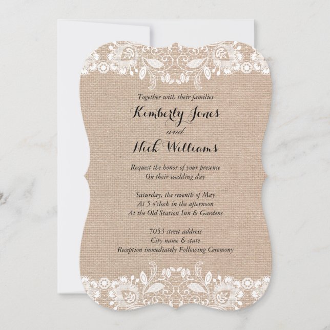 Convite de Casamento em Renda Branca Doce com Burl (Frente)