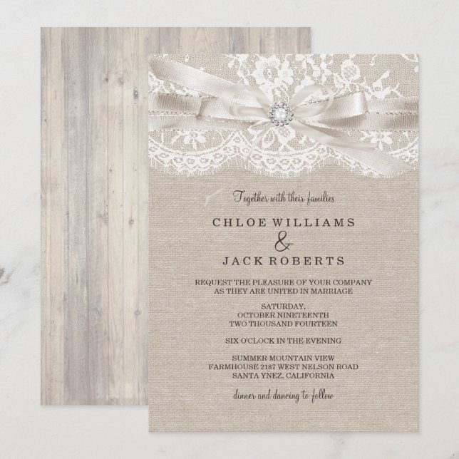 Convite de Casamento em Renda e Burlap Vintage Bon (Frente/Verso)