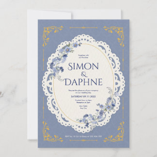 Convite de Casamento em Renda Floral Azul Elegante