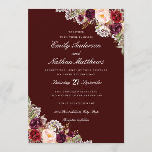 Convite de Casamento em Renda Floral Burgundy Eleg