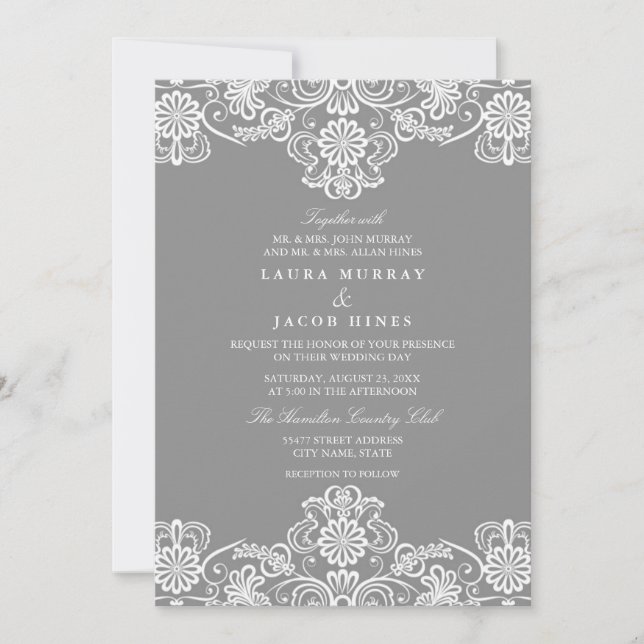 Convite de Casamento em Renda Floral Cinza e Branc (Frente)