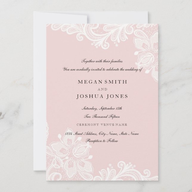 Convite de Casamento em Renda Rosa Bege Branco Ele (Frente)