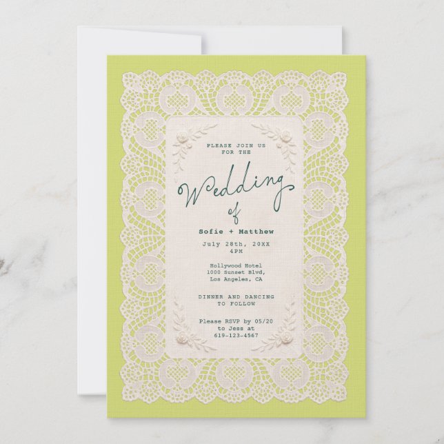 Convite de Casamento em Renda Vintage Citrino Verd (Frente)