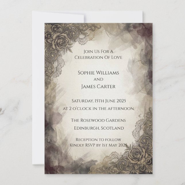 Convite de Casamento em Renda Vintage Escura (Frente)