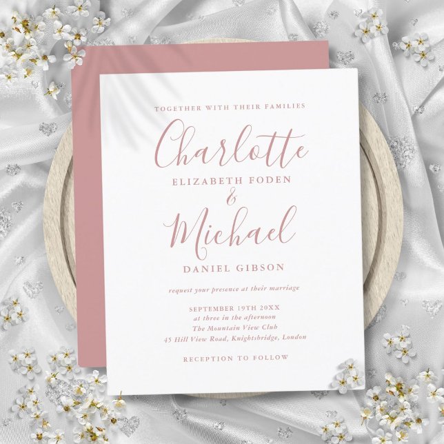 Convite de Casamento em Rosa Poeirento Orçamento S (Budget Dusty Rose Script Wedding Invitation)