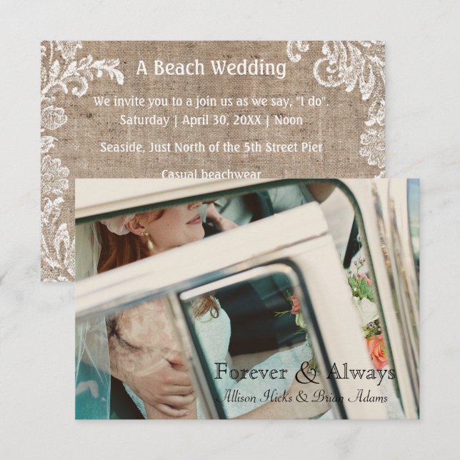 Convite de Casamento em Sacaria de Praia e Renda - (Frente/Verso)