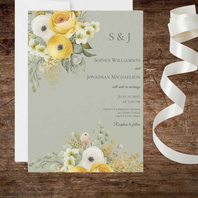 Convite de Casamento em Sage com Floral Dourado e  (Criador carregado)