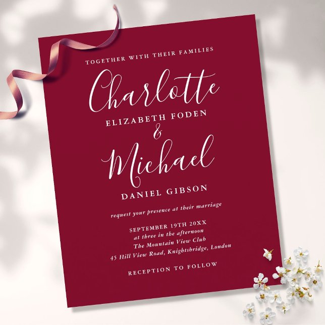 Convite de Casamento em Script Chic Burgundy Econô (Criador carregado)