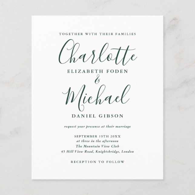 Convite de Casamento em Script Esmeralda Chic e Ec (Frente)