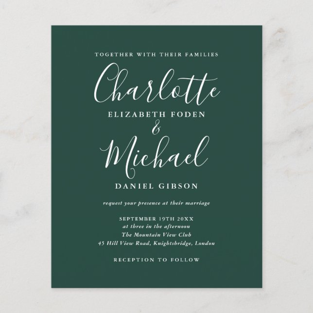 Convite de Casamento em Script Esmeralda Verde Eco (Frente)