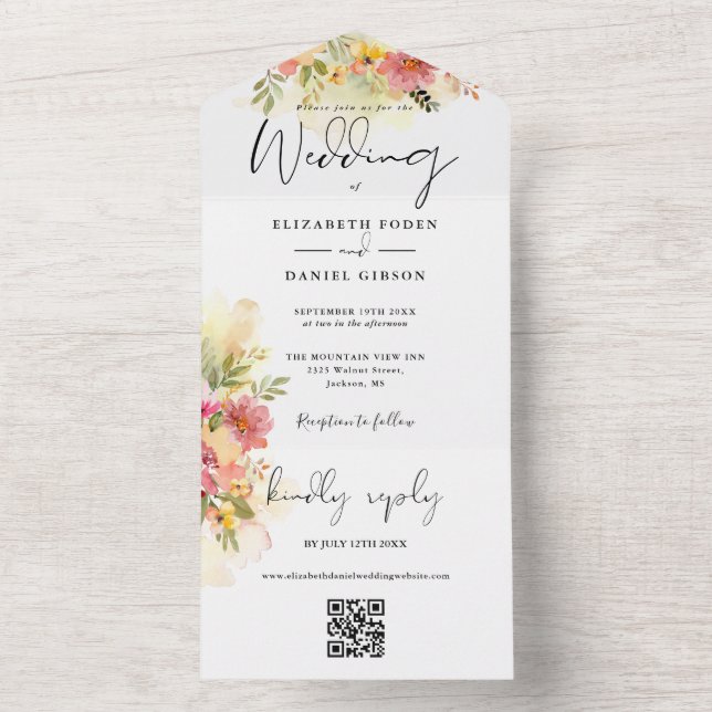 Convite de Casamento em Script Floral Aquarela QR  (Interno)