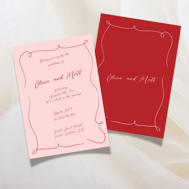 Convite de Casamento em Script Francês com Fantasi (French Whimsy Script Wedding Invite Red Pink)