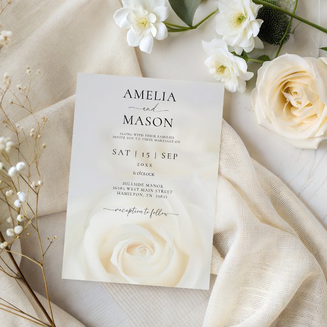 Convite de Casamento em Script Rosa Branca Elegant (Elegant White Rose Script Wedding Invitation)