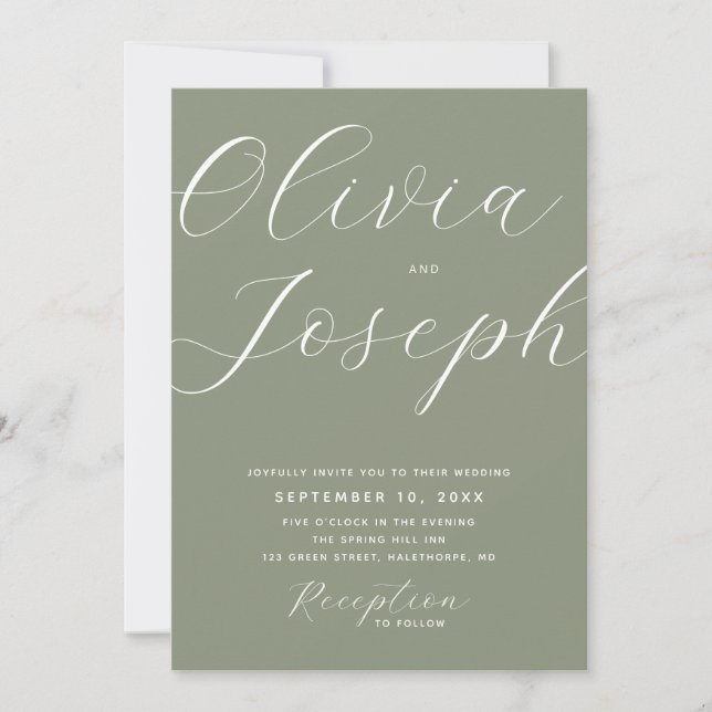 Convite de Casamento em Script Verde Sage empoeira (Frente)
