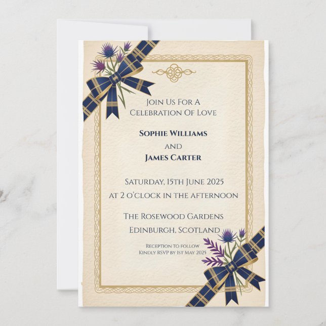 Convite de Casamento em Tartã Celta Cardo Escocês (Frente)