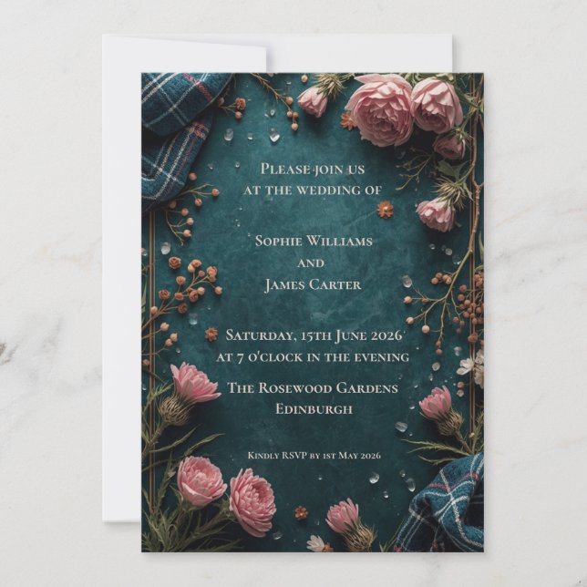 Convite de Casamento em Teal Botânico Rosa Tartan (Frente)