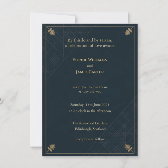 Convite de Casamento em Tecido Escocês Thistle Azu (Frente)