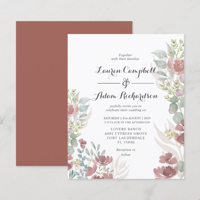 Convite de casamento em terracota floral rústico e (Frente/Verso)
