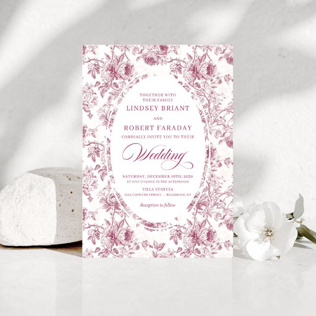 Convite de Casamento em Toile de Jouy Rosa Desbota (Vintage Dusty Rose French Toile Wedding Invitation)