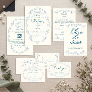 Convite de Casamento em Toile Francês Azul Empoeir