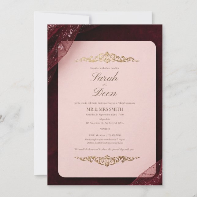 Convite de Casamento em Tule com Brilho Burgundy - (Frente)
