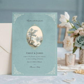 Convite de Casamento em Veludo Azul Poeira de Garç