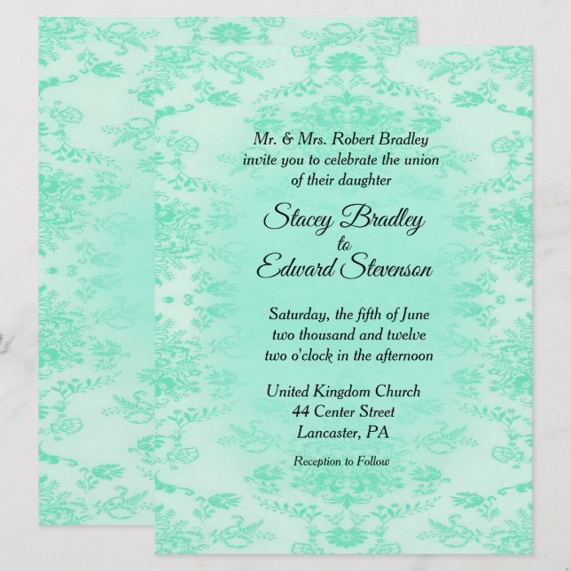 Convite de Casamento em Verde Menta Damask (Frente/Verso)