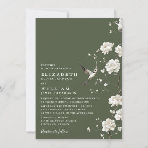 Convite de casamento em verde oliva com floral chi