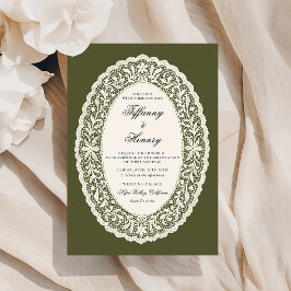 Convite de Casamento em Verde Oliva com Renda
