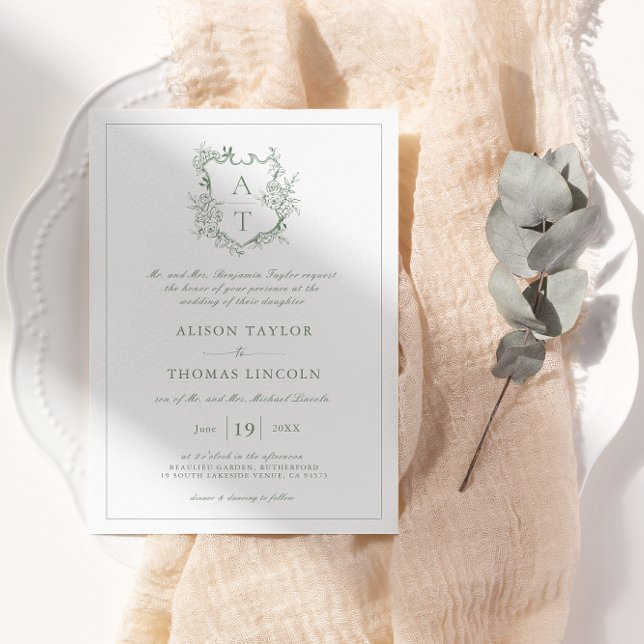 Convite de Casamento em Verde Sage com Brasão Flor (Criador carregado)