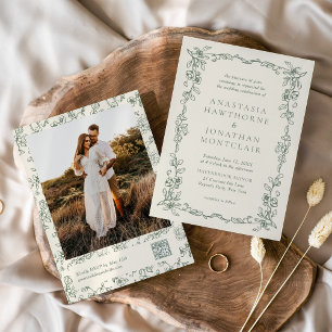 Convite de Casamento em Verde Sage com Código QR d