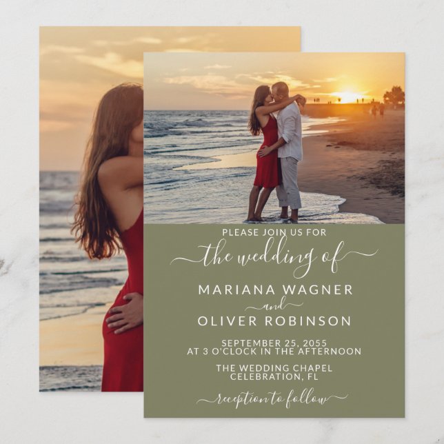 Convite de Casamento em Verde Sage com Foto e Letr (Frente/Verso)