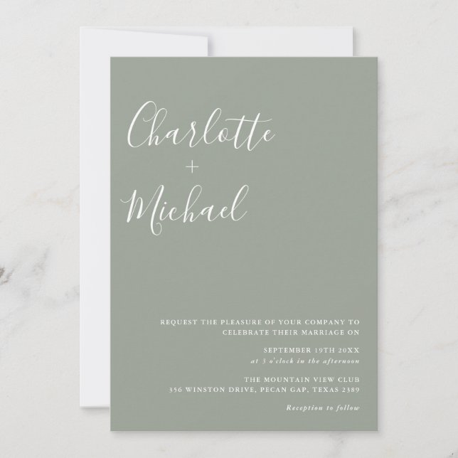 Convite de Casamento em Verde Sage com Letra Minim (Frente)