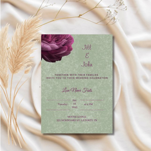 Convite de casamento em verde-sage com peônia bord (Criador carregado)